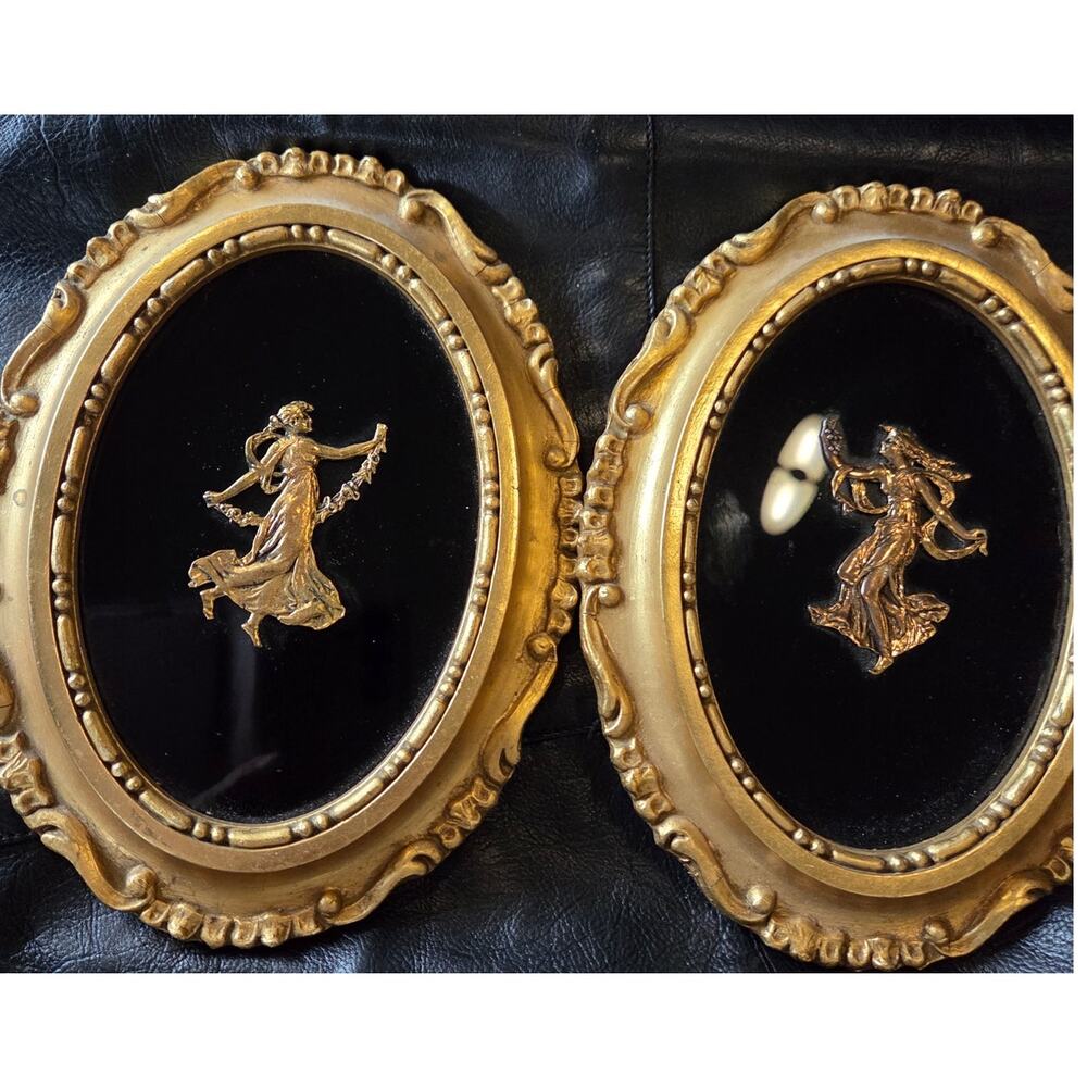 Vintage S.P. Solomon Grecian Lady Velvet Miniatures Hollywood Regency Pair 1950s